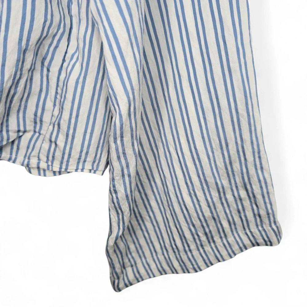 Michael Kors Top Womens Small Blue Striped Semi Sheer Crop Waist Tie Long Sleeve